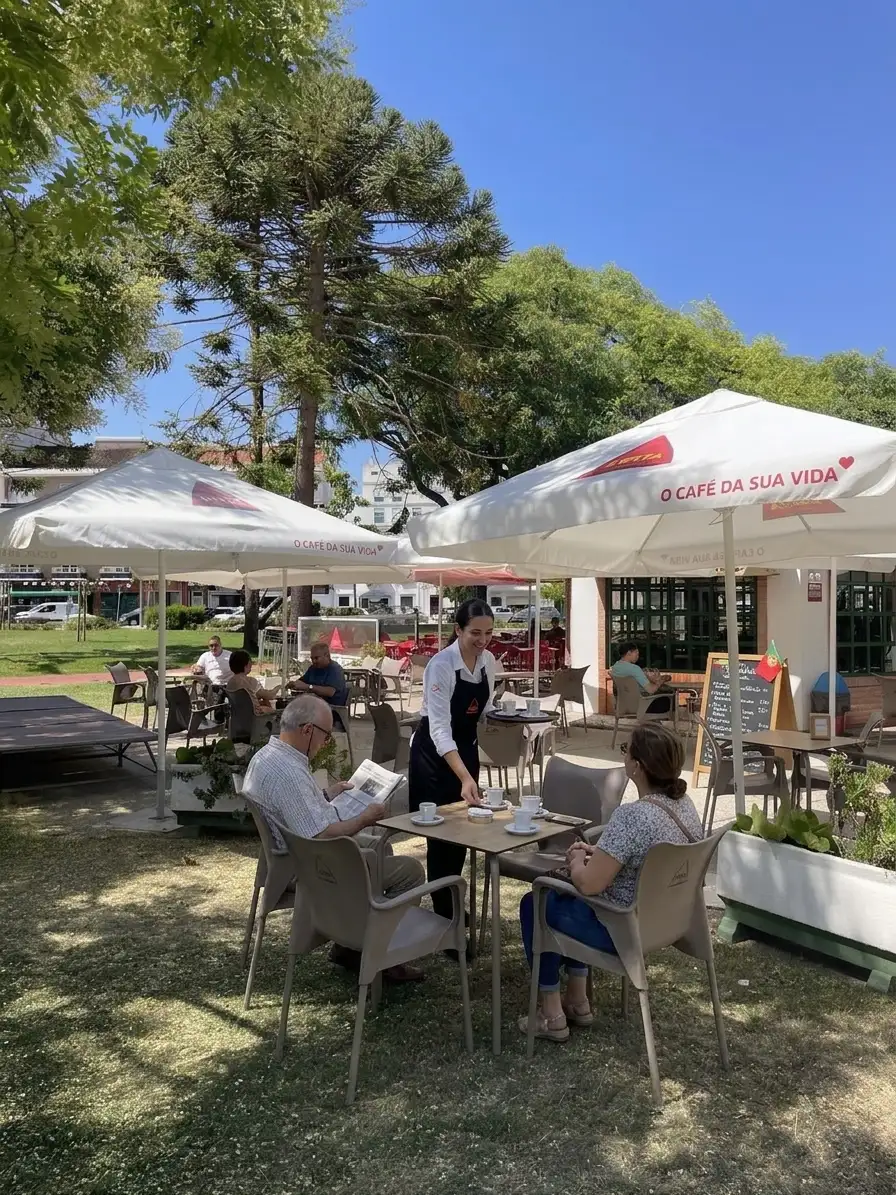 Empregada de mesa a servir cafés numa esplanada em Rio Maior
